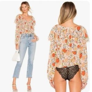 NWT Free People Say It To Me Orange Floral Bodysuit Long Sleeve Ruffle Women S
